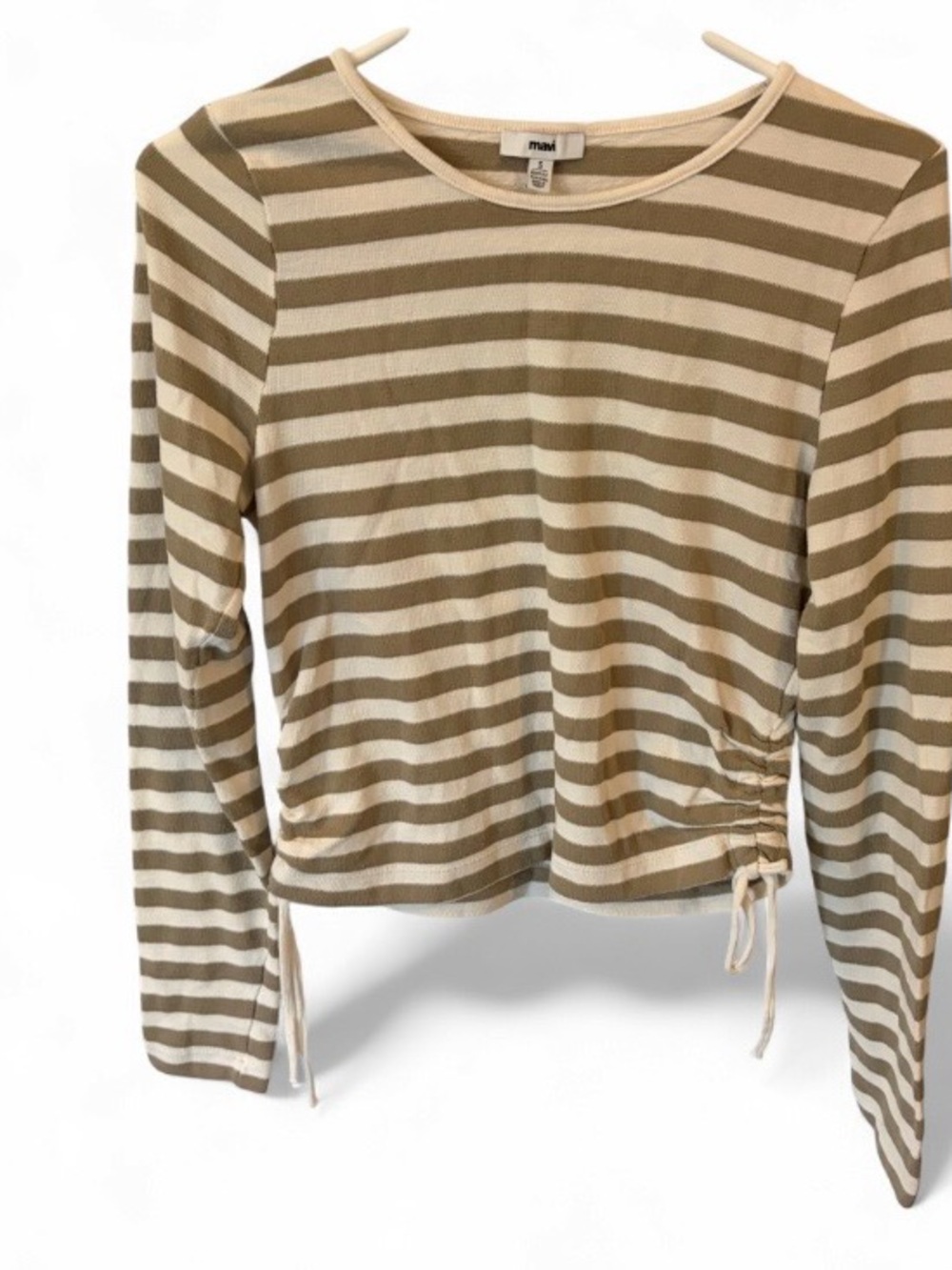 Mavi Tan and Cream Striped Long-Sleeve Side Drawstring Top